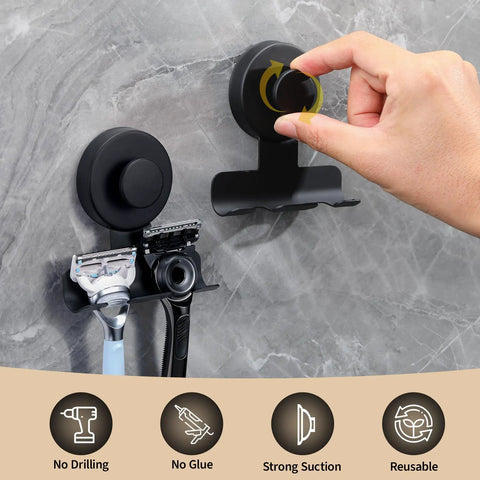 Matte Black Shower Razor Holder With Heavy Duty Suction Cup Stainless Steel Reusable Hook on tile with two razors