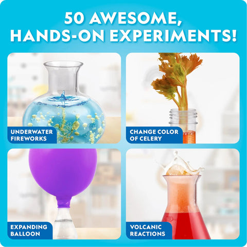 Junior Chemistry Lab Kit For Kids Aged Four And Up With Fifty Hands On Experiments And Twenty Plus Lab Tools, collage of experiments