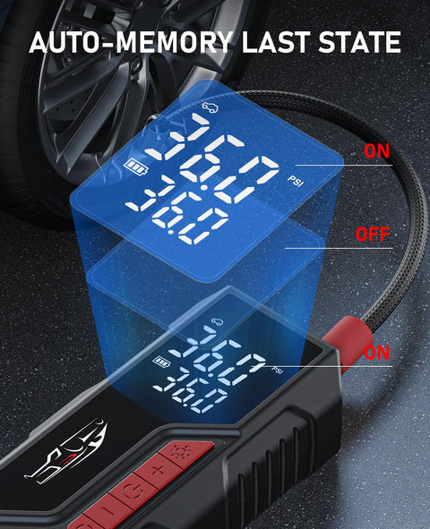 Close-up of Portable Tire Inflator And Air Compressor For Cars Bikes Balls And Motorcycles Cordless 12V DC Car Adapter.