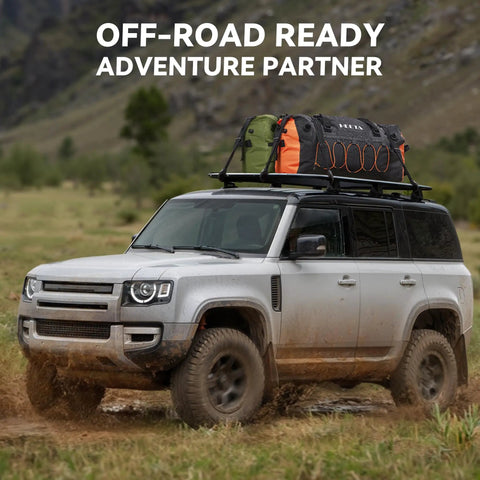 SUV with Waterproof Duffel Bag For Outdoor Adventures Kayaking Extra Large 60L Rolltop Dry Bag on roof rack