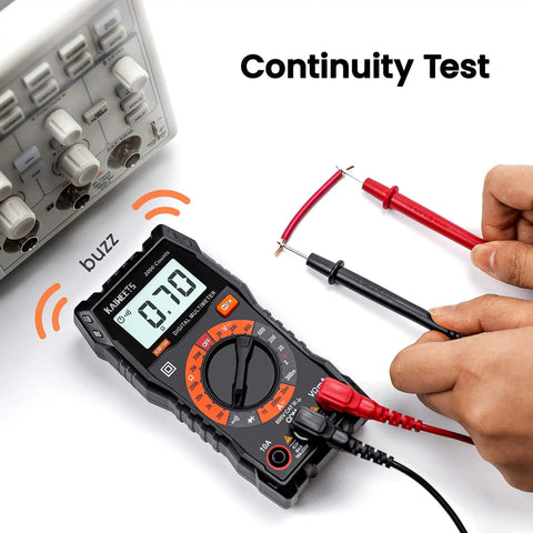Digital Multimeter With Carrying Case For Home And Auto Use Tests DC And AC Voltage, Ohms, Amps, displaying continuity test reading 0.70