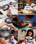 Collage of 12X Magnifying Glass With Light And Stand, used for crafts, reading, and electronics, shows hands-free LED functionality.