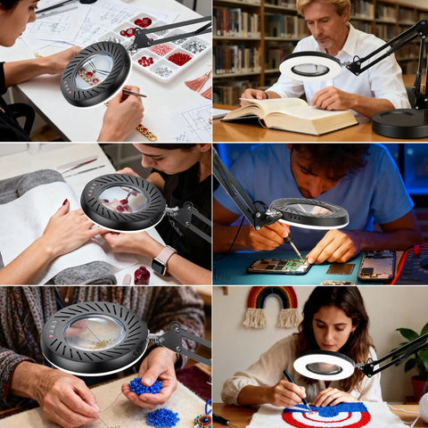 Collage of 12X Magnifying Glass With Light And Stand, used for crafts, reading, and electronics, shows hands-free LED functionality.