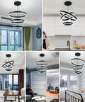 Modern Black LED Ring Chandelier With Three Adjustable Tiered Cylinders Hangs Flawlessly Over Kitchen Islands Or Bedrooms in various settings.