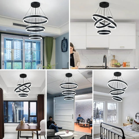 Modern Black LED Ring Chandelier With Three Adjustable Tiered Cylinders Hangs Flawlessly Over Kitchen Islands Or Bedrooms in various settings.