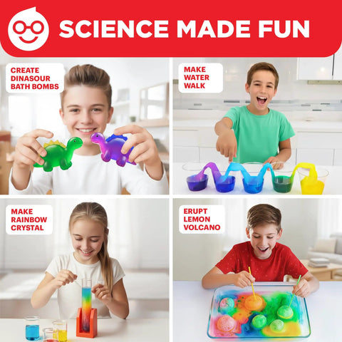 Ultimate Science Experiments Kit For Kids Ages 8 and Up With 50 Plus Fun Experiments Color Changing Volcanoes Rainbow Crystals Hands On STEM Learning Easy To Follow Instructions Real Scientist Vibe For Curious Young Minds showing kids doing colorful experiments