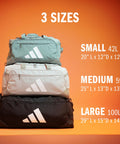 Three Defender 5 Duffel Bags Built For Sports, Gym And Travel With A Water Resistant Base in small, medium, and large sizes.