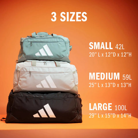 Three Defender 5 Duffel Bags Built For Sports, Gym And Travel With A Water Resistant Base in small, medium, and large sizes.