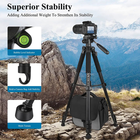74 Inch Aluminum Camera Tripod For Cameras And Phones Pro Grade Stand shown with DSLR on rocky terrain, bubble level indicator visible