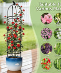 Six Foot Rustproof Metal Trellis With Plastic Coated Frame For Garden Plants Climbing Support with red flowers in pot