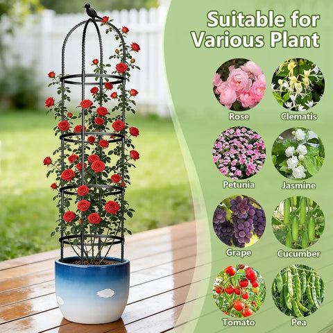 Six Foot Rustproof Metal Trellis With Plastic Coated Frame For Garden Plants Climbing Support with red flowers in pot