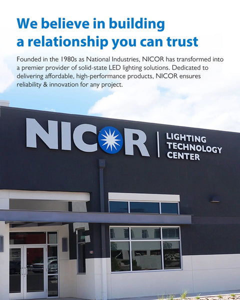 NICOR Lighting Technology Center building exterior showcasing LED lighting solutions and modern design.