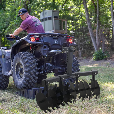 ATV with Beefy 34 Inch Disc Plow Harrow Heavy Duty With Adjustable Height And Wide Cut For ATV UTV Attachments in field