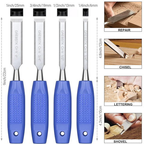 Kickass Four Piece Wood Chisel Set Built From Heavy Duty Chrome Vanadium Steel, showcasing various blade sizes and ergonomic handles.
