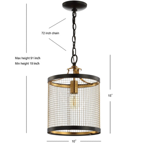 10-Inch Black And Brass Gold 1-Light Iron Pendant Lantern with adjustable 72-inch chain, modern drum design shown in full view.