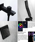 Premium Thermostatic Shower System With LED Strip And Bass Boost Music, Badass Black 6-Way Rain Shower Combo with LED shower head.