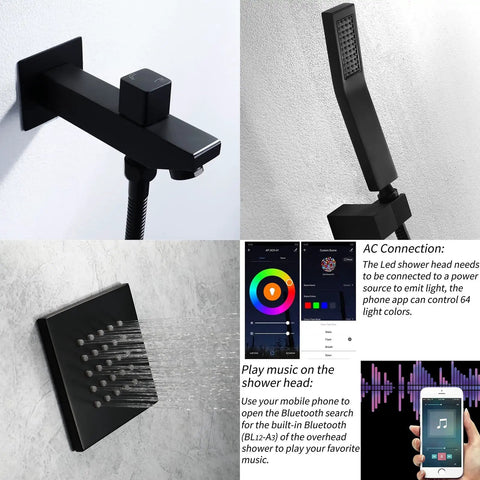 Premium Thermostatic Shower System With LED Strip And Bass Boost Music, Badass Black 6-Way Rain Shower Combo with LED shower head.