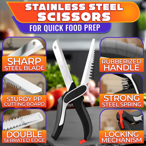 Six In One Kitchen Scissors With Built In Knife Blade Mini Cutting Board Opener Tenderizer And Lock, stainless steel with rubberized handle
