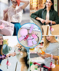 Collage of women using Safety Keychain Set For Women And Kids, 10 Pack Self Defense Keychains with alarms, pom poms, no touch tools