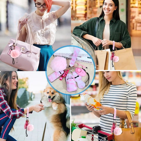 Collage of women using Safety Keychain Set For Women And Kids, 10 Pack Self Defense Keychains with alarms, pom poms, no touch tools