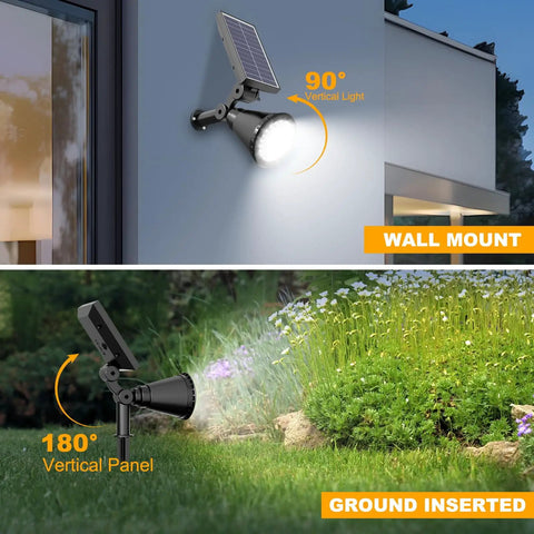 Heavy Duty Solar Spotlights Outdoor Two Pack With Dual Pivot Heads And Fully Rotating Panels Dropping A Crisp Cool White Glow To Light Up The Whole Patio Without Any Wiring Stress While Staying Damn Tough On Every Season