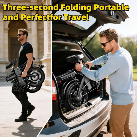 Man carrying folded Beast 550W Ebike With 25 MPH Top Speed, 35 Mile Range, 300 Lbs Load, Tool Free Fold, 48V 12Ah Removable Battery