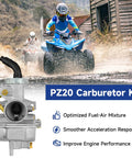 PZ20 Carburetor Kit For 125cc 110cc Chinese ATVs And Go Karts with ATV driving through mud, carburetor close-up shown.