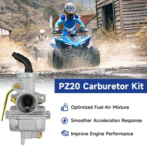 PZ20 Carburetor Kit For 125cc 110cc Chinese ATVs And Go Karts with ATV driving through mud, carburetor close-up shown.