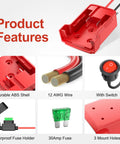 Milwaukee M18 Battery Adapter Kit showing features like durable ABS shell, 12AWG wire, switch, waterproof fuse, fuse holder, and mount holes
