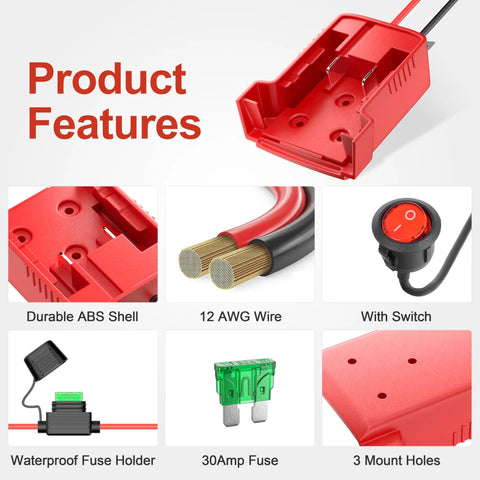 Milwaukee M18 Battery Adapter Kit showing features like durable ABS shell, 12AWG wire, switch, waterproof fuse, fuse holder, and mount holes