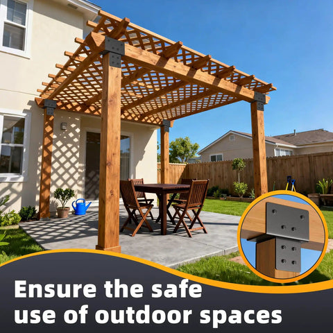 Pergola with stained wooden posts, featuring Stainless Steel Post To Beam Connector Bracket Set For Wood Posts 4x4 Actual 3.5 By 3.5 Inches 2 Pack Tie Bracket For Pergolas Gazebos Decks Porches Heavy Duty Black Secure Connection For Outdoor Structures.