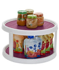 Non Skid 2 Tier Pantry Cabinet Lazy Susan Turntable 12 Inch White Purple with jars and pouches for kitchen organization