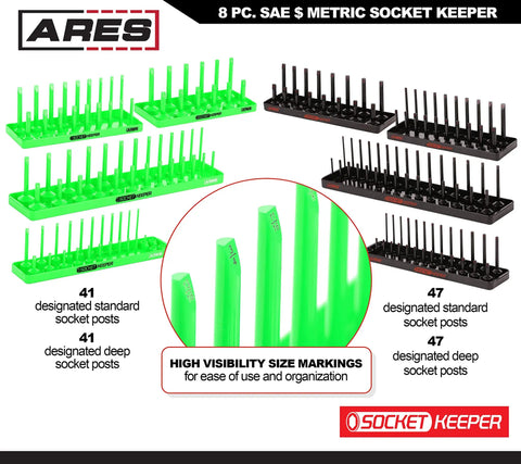 8 Piece Metric And SAE Socket Organizer Tray Set Black And Green Socket Holders For Standard And Deep Sockets Stores 176 Sockets