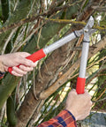 Forged Steel ClassicCUT Bypass Hand Pruner for heavy-duty garden pruning, cutting branches of a tree, visible red handle