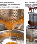 Smooth Operator Manual Honey Press And Beeswax Extractor Machine With Heavy Duty Stainless Steel Frame Plus Nylon Filter Bags For Crushing Homegrown Wine Juice Oil, showing honey filtering process.