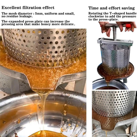 Smooth Operator Manual Honey Press And Beeswax Extractor Machine With Heavy Duty Stainless Steel Frame Plus Nylon Filter Bags For Crushing Homegrown Wine Juice Oil, showing honey filtering process.