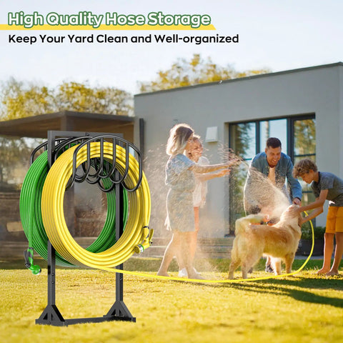 Heavy Duty Metal Freestanding Hose Holder That Holds Two 150 Ft Hoses Rustproof Garden Hose Storage With Four Spikes