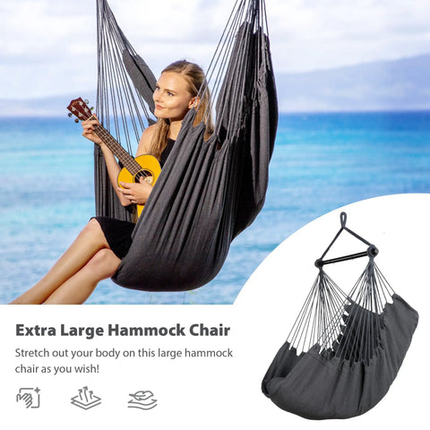 Durable Outdoor Hammock Chair Swing With Steel Support Bar And Side Pocket, Large Hangin Chair for patio or garden