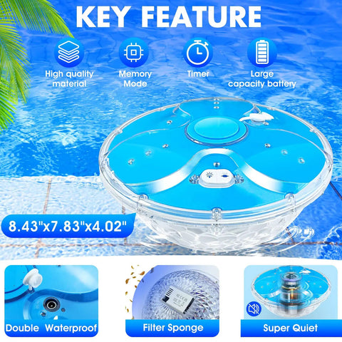 Remote Control Floating Pool Fountain With Lights Anchor Included Big 4.3 Ft Spray Height The Cool Water Feature For Inground And Above Ground Pools Durable One Piece Blue Unit showing key features and dimensions