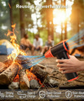 Hand holding Rechargeable Cordless Air Duster Handheld Blower Up To 130000 RPM for outdoor fire camp cleaning, black orange model.