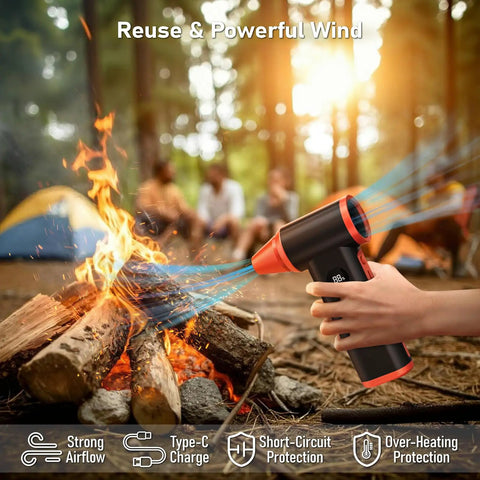 Hand holding Rechargeable Cordless Air Duster Handheld Blower Up To 130000 RPM for outdoor fire camp cleaning, black orange model.
