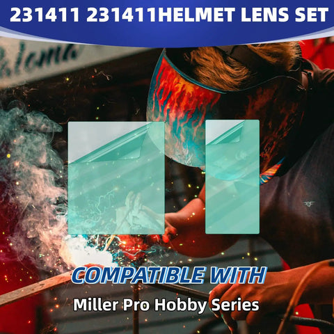 Welder using Miller helmet with Clear Welding Lens Set For Miller Electric Helmets Impact And Spark Resistant Polycarbonate Shields