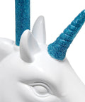 Close-up of glittered unicorn horn on Totally Sparkly Pink Unicorn Table Lamp With Glitter Resin Base And White Tapered Shade
