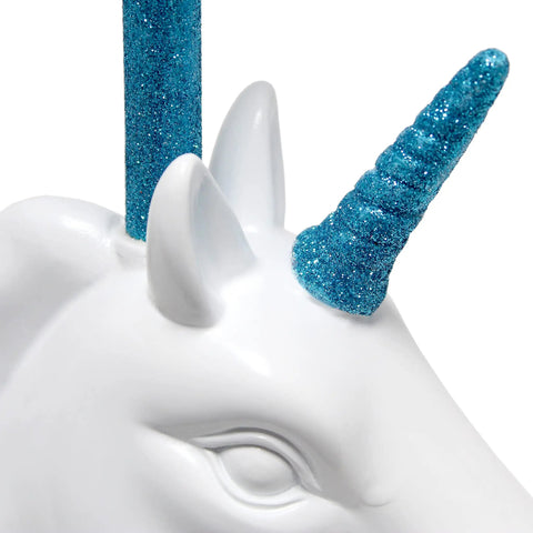Close-up of glittered unicorn horn on Totally Sparkly Pink Unicorn Table Lamp With Glitter Resin Base And White Tapered Shade