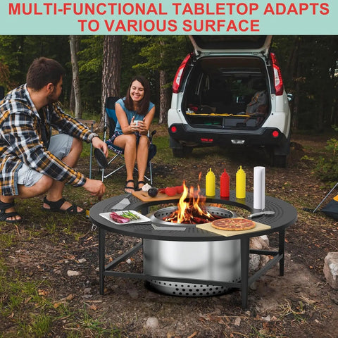 38 Inch Fire Pit Surround Tabletop For Smokeless Fire Pit With Dust Cover And Powder Coated Steel Build in outdoor setup