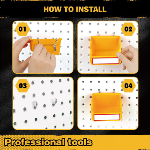 Pegboard Bins Organizer Set 24 Pack Kickass Durable Storage Trays installation on standard pegboards with label tabs