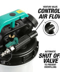 Dual Mode Garage-Grade Fluid Extractor Pump 1.5 Gallon featuring control mechanisms for air flow and automatic shut off valve.