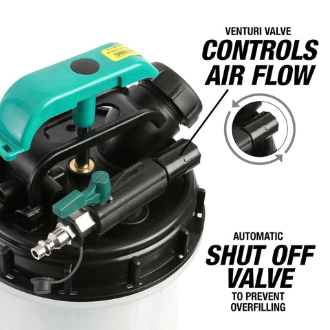 Dual Mode Garage-Grade Fluid Extractor Pump 1.5 Gallon featuring control mechanisms for air flow and automatic shut off valve.