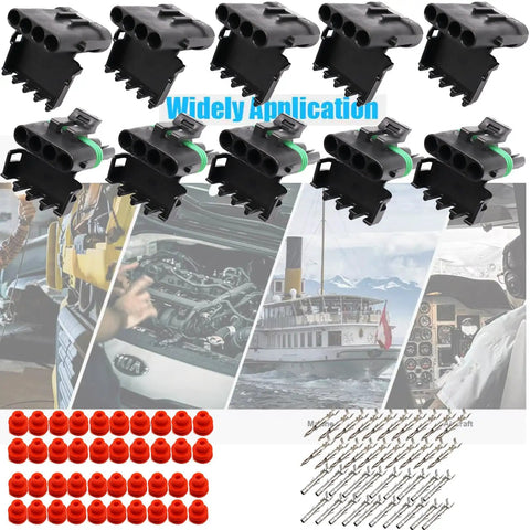 Get This Super Duper Weather Pack Connector Kit With 5 Sets Of 4 Pin Plugs And Female Receptacles Plus Terminals And Seals For Easy Wire Job, 4-pin black connectors