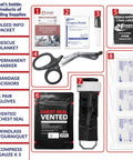 MFASCO Stop-The-Bleed 10-piece kit contents: tourniquet, chest seal, gauze, scissors, blanket, gloves, marker, info packet